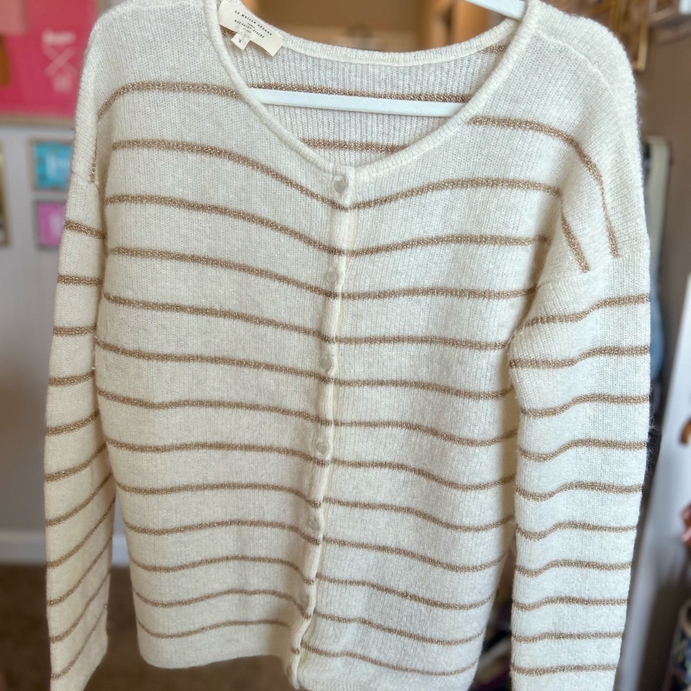 Sezane Cream and Tan Striped Button-Front Cardigan